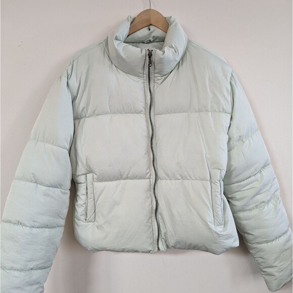 Double Zero quilted crop cropped puffer jacket coat L Large pale blue green - Picture 1 of 12